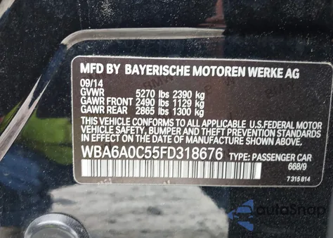 2015 BMW 640I Gran Coupe z USA, uszkodzony, nr VIN WBA6A0C55FD318676